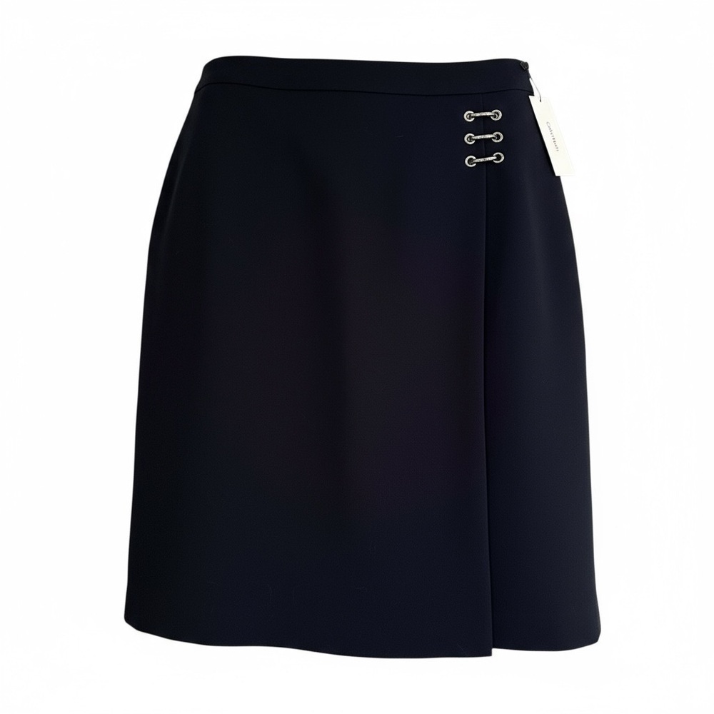 CALVIN KLEIN 12 Navy Pencil Skirt Silver Ring Faux Wrap R $79 NWT